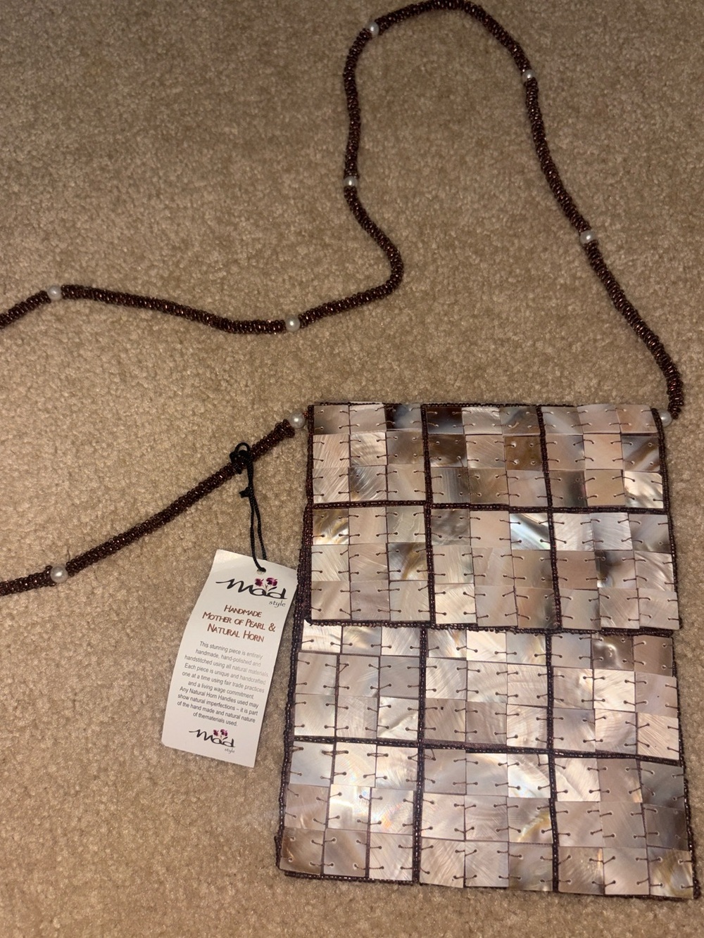 Mod Handmade Shell Mosaic Mother of Pearl Crossbody Bag with Brown Beaded Strap